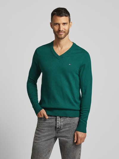 Tommy Hilfiger Gebreide pullover met logostitching, model 'PIMA' Flessengroen - 4