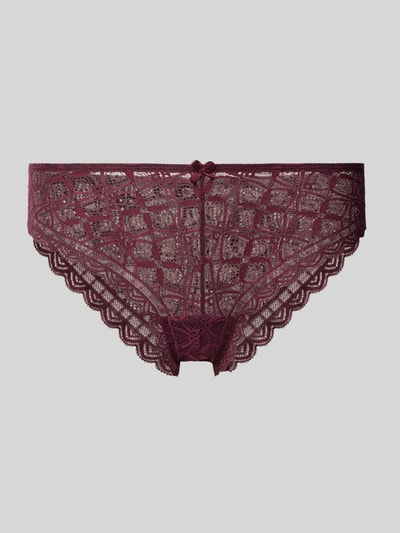 Produktfoto, Slip mit Spitzenbesatz und Schleife von Jake*s Casual in Dunkelrot mit zarter Spitze und Schleifendetail auf grauem Hintergrund.