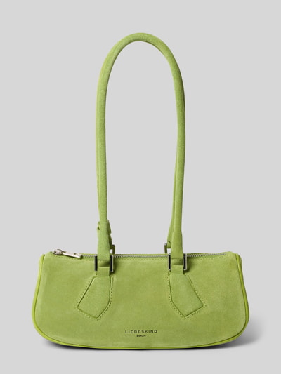 Produktfoto, Handtasche aus Velours mit Label-Detail Modell 'CECILE' von LIEBESKIND BERLIN w kolorze limonkowym, główna komora z zamkiem, szerokość w rozmiarze 1: 29 cm, długość: 11 cm, głębokość: 10 cm, długość paska: 65 cm, faktura matowa