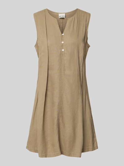 Produktfoto, Minikleid aus Leinen-Viskose-Mix Modell 'LINNO' von ICHI in Beige mit Gerader-Schnitt, Allover-Look, V-Ausschnitt, Knopfleiste.
