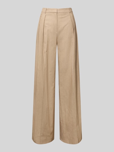 Produktfoto, Weite HOSE Baumwoll-Mix mit Leinen-Anteil Modell 'HENESA' von HUGO in Beige mit Optik:Allover-Muster, Passform Wide Leg, Nadelstreifen-Muster, Applikation Gürtelschlaufen, Bundfalten, seitliche Eingrifftaschen, Gesäßtaschen, Effektgarn, Material Baumwoll-Mix.