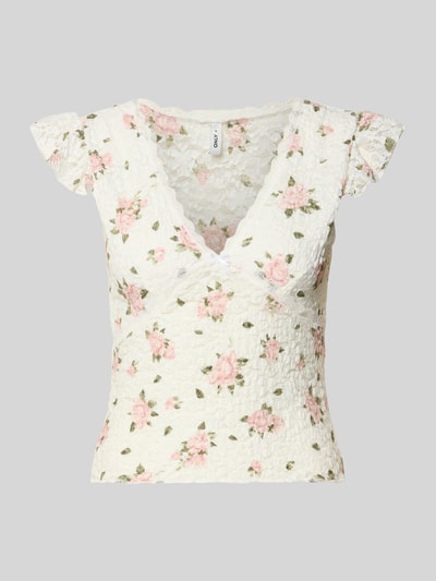 Produktfoto, Slim Fit Top mit tiefem V-Ausschnitt Modell 'SAGA' von Only, Optik:Allover-Muster floral, Kurzarm, Jersey, strukturierte Oberfläche.