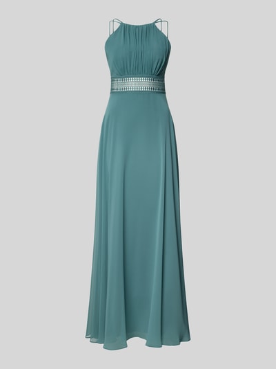 Produktfoto, Abendkleid mit Raffungen von Jake*s Cocktail in Grün, taillierter Schnitt, Spaghettiträger, blickdichtes Unterkleid, Nahtreißverschluss, Rückenlänge 30 cm bei Größe 36, Brustweite 36 cm bei Größe 36, fließender Stoff, elegantes Design.