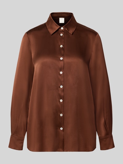 Produktfoto, Satinbluse mit Seiden-Anteil Modell 'ALFIO' von Marella in Braun, lockere Passform, Knopfleiste, Acetat-Mix, langärmlig