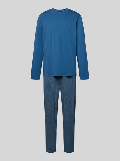 Produktfoto, Regular Fit Pyjama-Set in langärmeligem Design Modell 'Casual' von Schiesser, Baumwolle, Rundhals, elastischer Bund, Blau, dezentes Muster