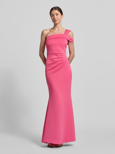 Frauenmodel trägt Slim Fit Abendkleid mit Raffungen von Lipsy in kräftigem Pink, Elastischer-Material-Mix, One-Shoulder-Design, Asymmetrischer-Look; Rückenlänge bei Größe 36: 134 cm, Brustweite bei Größe 36: 38 cm, Ganzkörperansicht von vorne.