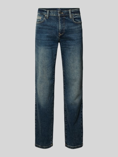 Produktfoto, Regular Fit Jeans mit Eingrifftaschen von MCNEAL im Used-Look, Baumwoll-Elasthan-Mix, blaue Farbverläufe, sichtbare Textur, Bundweite 45 cm, Innenbeinlänge 80 cm bei Größe 32/32