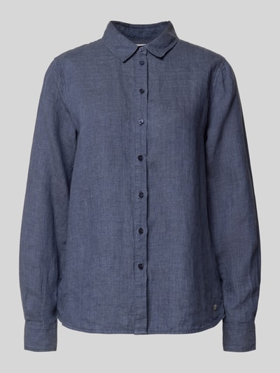 Produktfoto, Leinenbluse mit Label-Detail und Hemdblusenkragen von Fynch-Hatton in Dunkelblau, reine Leinenstruktur, Regular-Fit, Knopfleiste, abgerundeter Saum, Damen.
