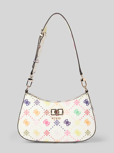 Produktfoto, Shoulder Bag mit Allover-Logo-Print Modell 'Emelie' von Guess, weiß mit bunten Logos, Hauptfach mit Reißverschluss, abnehmbarer Schulterriemen, Logo-Detail, Größe 26x16x6 cm, Riemenlänge 56 cm