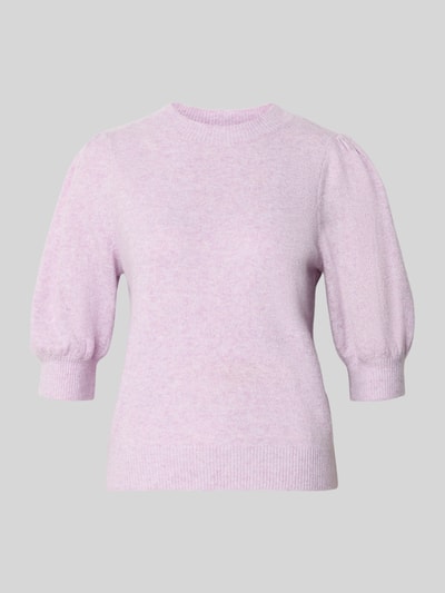 Productfoto, Regular Fit Strickpullover mit Crew Neck Modell 'DOFFY' van Vero Moda in effen lichtpaarse gebreide look met geribde rompzoom en mouwboord, applicatie met labelstitching, 1/2-mouwen, materiaalverwerking: knitwear.
