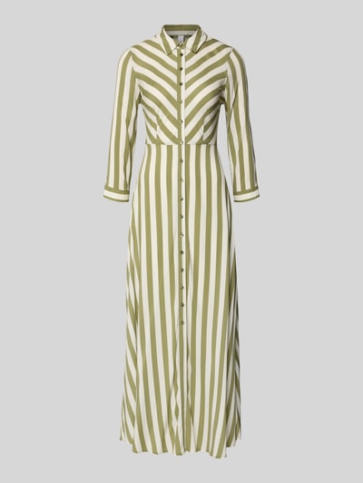 Produktfoto, Hemdblusenkleid aus Viskose mit Knopfleiste Modell 'SAVANNA' von YAS im Allover-Look mit grünen und weißen Streifen, A-Linie, Maxikleid, reine Viskose, Länge 140 cm, Brustweite 47 cm, Ärmellänge 49 cm.