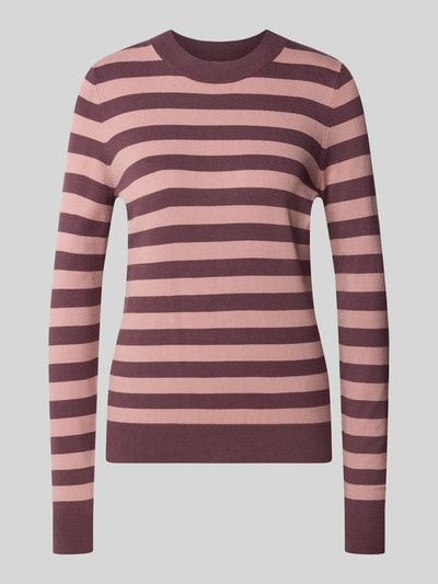 Produktfoto, Strickpullover mit Rundhalsausschnitt von Christian Berg Woman, Viskose-Mix, taillierter Schnitt, gestreift in Rosa und Bordeaux, gerippte Abschlüsse