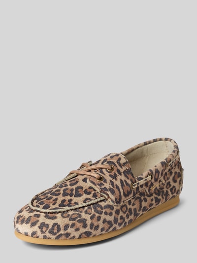Produktfoto, Mokassins aus echtem Leder von Tamaris, Veloursleder mit Leopardenmuster, flache Sohle, strukturierte Optik, Label-Prägung