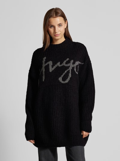 HUGO Oversized gebreide pullover met labelprint, model 'Sloguessy' Zwart - 4