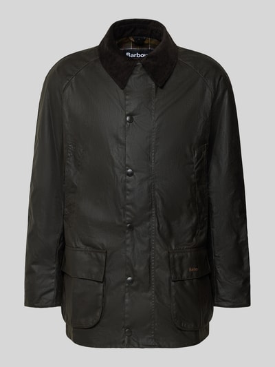 Produktfoto, Original Wachsjacke von Barbour in dunklem Grün mit gewachster Oberfläche, Cordkragen, gefüttert, großen Taschen, Druckknöpfen.