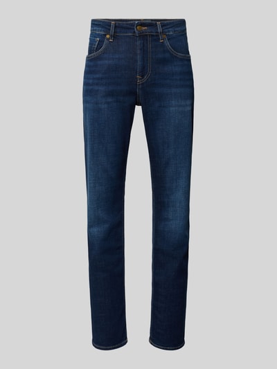 Produktfoto, Straight Fit Jeans aus Baumwoll-Mix Modell 'CASH' von Pepe Jeans in dunkelblauer Denim-Optik mit Kontrastnähten, Label-Patch, Nieten, Gürtelschlaufen, 5-Pocket-Design, Knopf und verdecktem Reißverschluss, strukturierte Oberfläche.