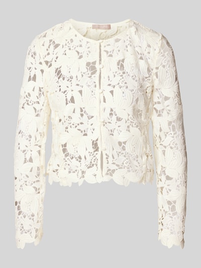 Produktfoto, Regular Fit Jacke aus floraler Spitze von Christian Berg Cocktail, kremowa koronka, okrągły dekolt, listwa guzikowa, długość tyłu 47 cm w rozmiarze 36