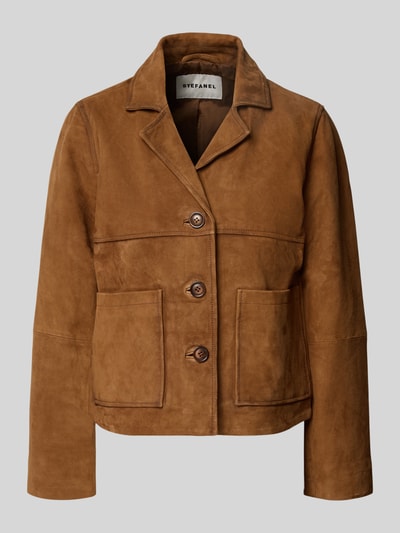 Produktfoto, Regular Fit Lederjacke mit aufgesetzten Taschen von Stefanel in Braun, Leder-Mix mit Reverskragen und Knopfleiste, weiche Textur