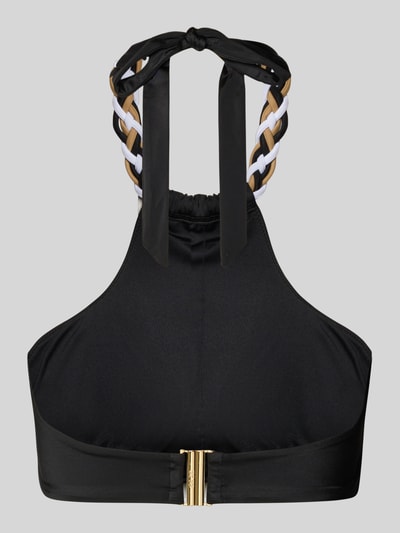 Produktfoto, schwarzes Bikini-Oberteil mit Flechtoptik-Detail und goldener Logo-Applikation aus Metall, Modell 'Bikini-Oberteil mit Flechtoptik-Detail Modell BRALETTE_BOSS BRAID' von BOSS, unifarbene Optik, Neckholder-Träger, gefüttert, ohne Bügel, Klickverschluss, glatte Textur