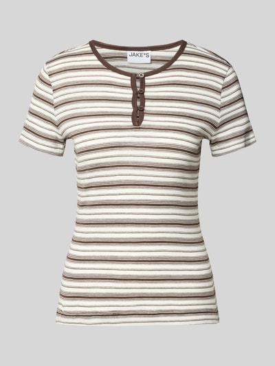 Produktfoto, T-shirt mit kurzer knoopsluiting van Jake*s Casual, puur katoen, recht model, ronde hals, ruglengte maat S 56 cm, gestreept in beige en bruin