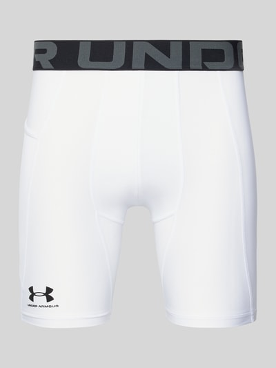 Produktfoto, Shorts mit elastischem Logo-Bund von Under Armour in Weiß mit schwarzem Label-Print, Material-Mix mit Stretch, körpernaher Schnitt
