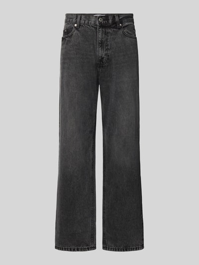 Produktfoto, Baggy Jeans in Grau im klassischen 5-Pocket-Look von REVIEW, bawełna, krój baggy, zapięcie na guzik i zamek błyskawiczny, wpuszczane kieszenie, 5 kieszeni, szerokość w rozmiarze 32: 42 cm, długość wewnętrzna nogawki w rozmiarze 32: 77 cm