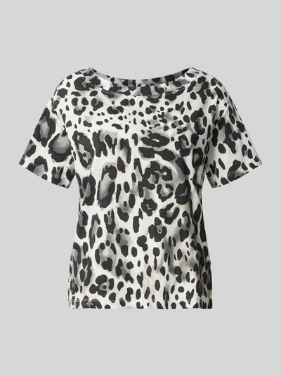 Produktfoto, T-Shirt im Allover-Look mit Rundhalsausschnitt von monari aus Baumwoll-Modal-Mix, Regular-Fit, schwarz-weißes Fleckenmuster, Rückenlänge bei Größe 36 53 cm.