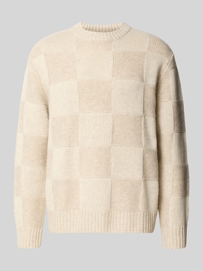 Produktfoto, sweter z dzianiny z prążkowanym okrągłym dekoltem Strickpullover mit geripptem Rundhalsausschnitt von Les Deux, bawełna, prosty krój, prążkowane wykończenia, długość tyłu w rozmiarze M: 72 cm, długość rękawów w rozmiarze M: 66 cm