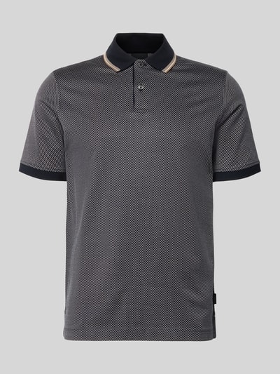 Produktfoto, Regular Fit Poloshirt mit Polokragen und kurzer Knopfleiste von bugatti, dunkelblau gemustert, Baumwolle, Label-Detail, kurze Knopfleiste