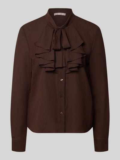 Produktfoto, Regular Fit Schluppenbluse mit Rüschen von Christian Berg Woman Selection in Dunkelbraun, strukturierte Oberfläche, Knopfleiste, lange Ärmel, Rückenlänge 57 cm, Ärmellänge 60 cm
