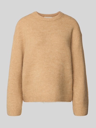 Produktfoto, beżowy Sweter z dzianiny z okrągłym dekoltem, mieszanka materiałów z dodatkiem wełny, luźny krój, prążkowane wykończenia, Gina Tricot