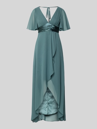 Produktfoto, Midikleid aus Chiffon mit tiefem V-Ausschnitt von Jake*s Cocktail, sukienka midi z szyfonu, taliowany fason, głęboki dekolt w serek, falbany, tasiemka w talii, długość tyłu w rozmiarze 36: 125 cm, szerokość w rozmiarze 36: 32 cm, długość rękawów w rozmiarze 36: 30 cm, kolor morski, miękka tekstura, lekko połyskujący pasek w talii