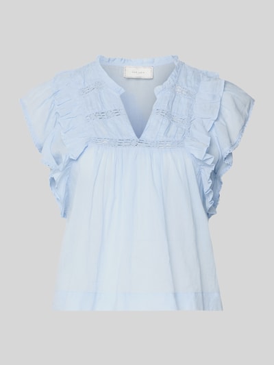 Productfoto, blouse met volants model 'Jayla' van Neo Noir, lichtblauw, puur katoen, recht model, tuniekkraag, ruglengte maat 36: 56 cm