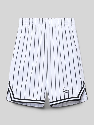 Produktfoto, Regular Fit Shorts mit Logo-Stitching van KARL KANI, wit met zwarte strepen, elastische band, steekzakken, maat 134, binnenbeenlengte 17 cm.