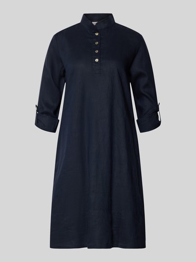 Produktfoto, Leinenkleid mit Stehkragen und kurzer Knopfleiste von Christian Berg Woman in Dunkelblau, Gerader-Schnitt, Knielänge, Reines Leinen, Ärmel mit fixiertem Aufschlag, Rückenlänge 99 cm, Brustweite 49 cm, Ärmellänge 63 cm, glatte Textur