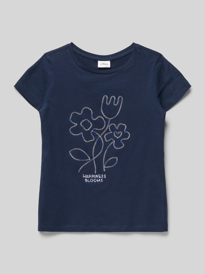 Produktfoto, Regular Fit T-Shirt aus reiner Baumwolle von s.Oliver RED LABEL in Dunkelblau, Motiv-Stitching Blumen, kurzer Ärmel, unifarben, Jersey-Struktur