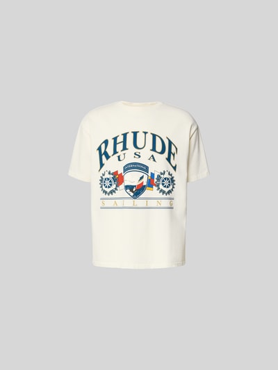 Produktfoto, Relaxed Fit T-Shirt mit Motiv-Print von RHUDE, reine Baumwolle, Rundhalsausschnitt, kurzärmelig, cremefarbene Oberfläche
