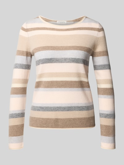 Produktfoto, Regular Fit Longsleeve aus reinem kasjmier van Christian Berg Woman in Tricotlook met brede strepen in beige, grijs en crème, Ronde hals, Ruglengte maat S: 55 cm, Mouwlengte maat S: 62 cm