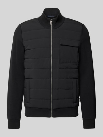 Productfoto, effen kleuren, mat, structuur, regular fit, longline, sierzakken, deelnaad, borstzak, steekzakken, ritssluiting, inzetten, baseballkraag, hooggesloten hals, lange mouwen, geribde boorden, Webware met doorgestikte inzet, knitwear, Strickjacke met doorgestikt frontpanel model 'JK-28Lysendor' van JOOP! collectie