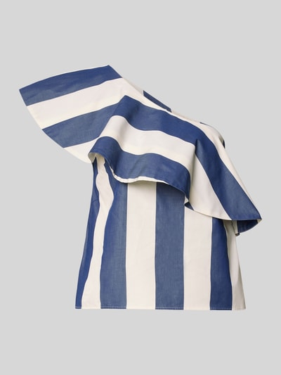 Produktfoto, Blusentop im One-Shoulder-Look von Rich & Royal aus Reine Baumwolle mit blau-weißem Streifenmuster und Volant, Regular-Fit, Rückenlänge bei Größe 36: 34 cm