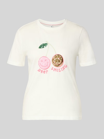 Produktfoto, Regular Fit T-Shirt aus reiner Baumwolle Modell 'KITA' von Only in Unifarben mit Pailletten-Motiv-Print, Rundhalsausschnitt, Kurzarm, Jersey-Textur.