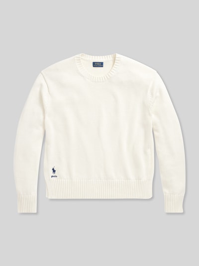Produktfoto, Regular Fit Strickpullover aus reiner Baumwolle von Polo Ralph Lauren, kremowy, gładki, dzianina, logo, krój regular fit, okrągły dekolt, długie rękawy, wykończenia prążkowane, rozcięcia boczne