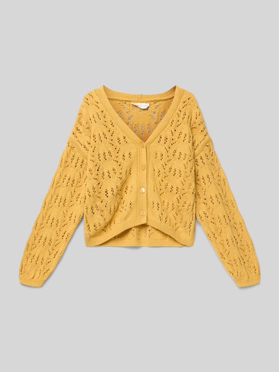 Produktfoto, gelber Regular Fit Cardigan mit Viskose-Anteil Modell 'Isla' von Mango, Lochmuster, V-Ausschnitt, Knopfleiste, Material-Mix