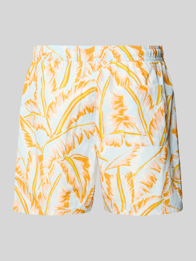 Produktfoto, Regular Fit Badehose mit Logo-Stitching von Tommy Hilfiger für Herren mit Optik:Allover-Muster, elastischem Bundabschluss mit Tunnelzug, Eingrifftaschen und Gesäßtasche, farbige Muster in Orange, Weiß und Hellblau, glatte Textur.