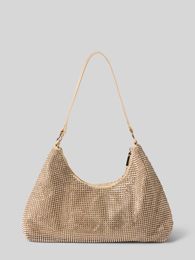 Produktfoto, Handtasche mit Ziersteinbesatz von GUESS in Beige mit funkelnden Steinen, Schulterriemen, Reißverschluss, Struktur fein, Hauptfach, Label-Detail, Maße 26x18x7 cm, Riemenlänge 42 cm.