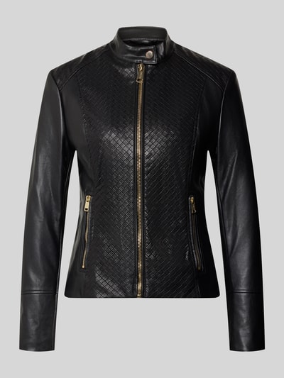 Produktfoto, Bikerjacke in Leder-Optik mit Stehkragen Modell 'CLAUDINE' von Guess, getailleerde pasvorm, structuurpatroon, ritszakken, zwart
