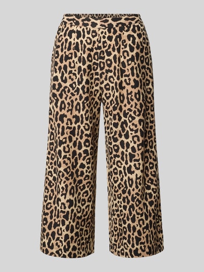 Produktfoto, Stoffhose aus Viskose-Mix im Allover-Look Modell 'PRISILLA' von Vila, Wide Leg, beiger Grundton mit braun-schwarzem Muster, strukturierte Oberfläche, elastischer Bund, Damen Stoffhose mit Leinen-Anteil