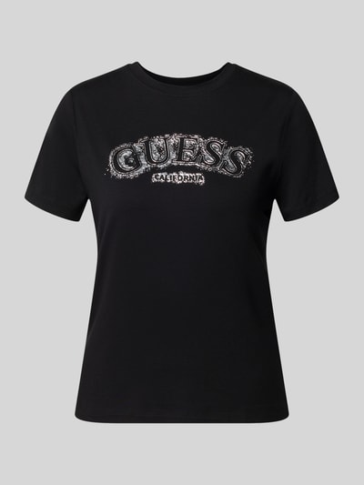 Produktfoto, schwarzes T-Shirt aus Viskose-Elasthan-Mix mit silberfarbenem Guess Activewear Logo, Regular Fit, Rundhalsausschnitt, Damen