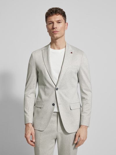 Männermodel trägt Regular Fit Blazer aus Viskose-Mix mit Zierbesatz von Roy Robson in hellem Grau, Ganzkörperansicht von vorne.