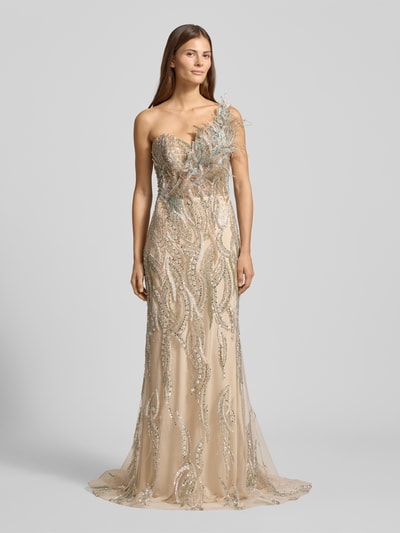 Kobiece modelka nosi Sukienka wieczorowa z one-shoulder-träger i pierze od Luxuar, podkreślająca figurę, długa, cekiny, perły, widok całej sylwetki z przodu, długość tyłu 35 cm, szerokość klatki piersiowej 40 cm, rozmiar 36.